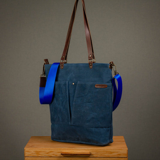 Canvas Crossbody Tote Bag with Leather Handles / Midnight Blue