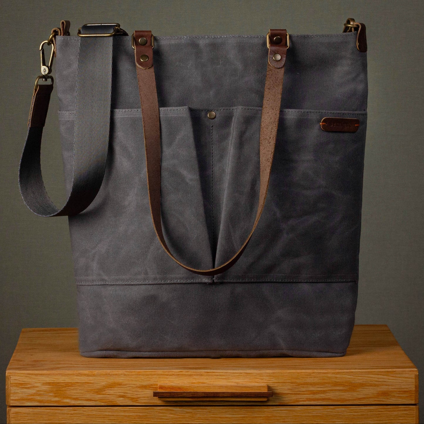 Canvas Crossbody Tote Bag with Leather Handles / Ash Gray