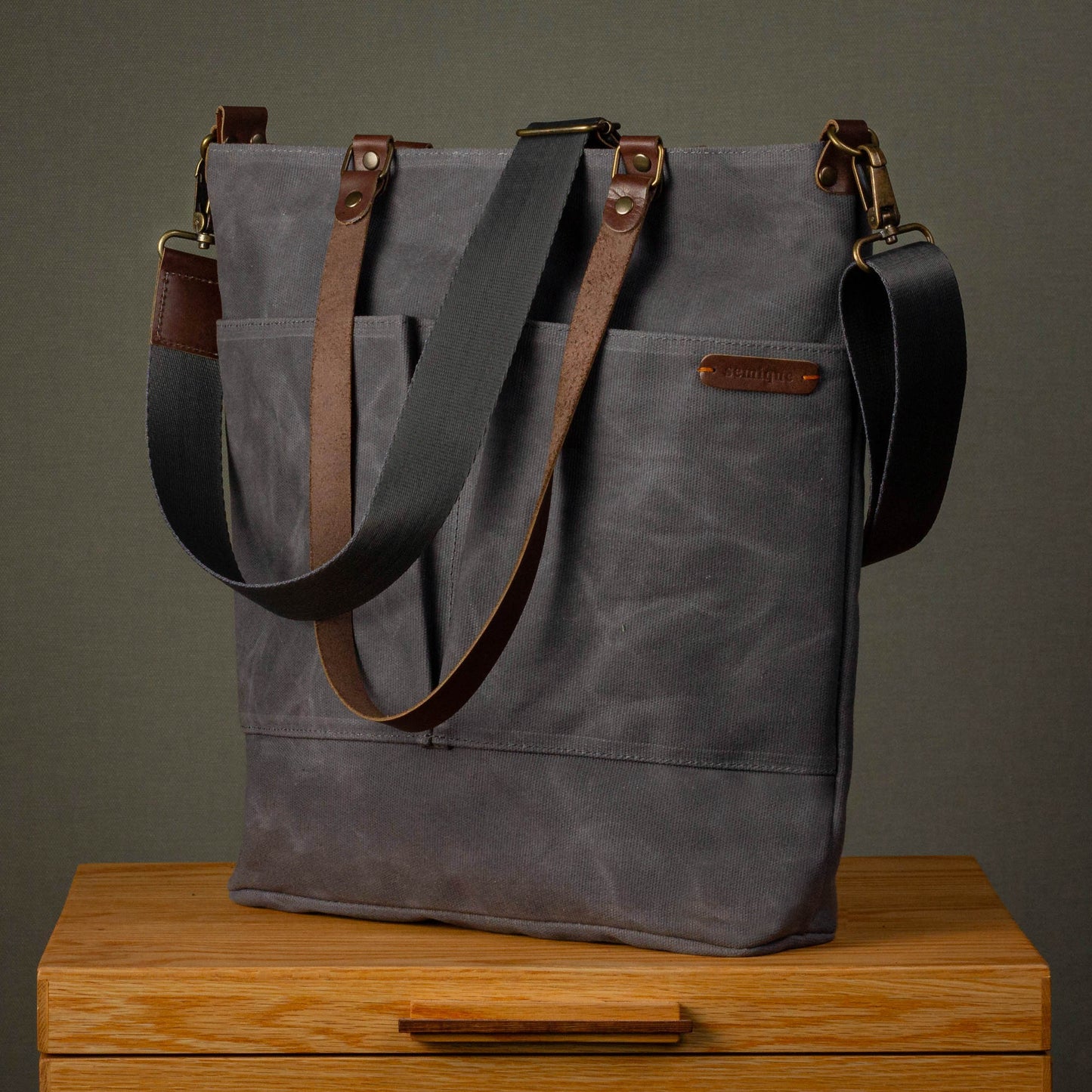 Canvas Crossbody Tote Bag with Leather Handles / Ash Gray