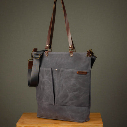 Canvas Crossbody Tote Bag with Leather Handles / Ash Gray