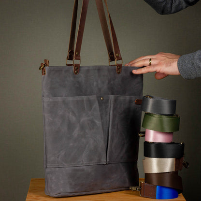 Canvas Crossbody Tote Bag with Leather Handles / Ash Gray