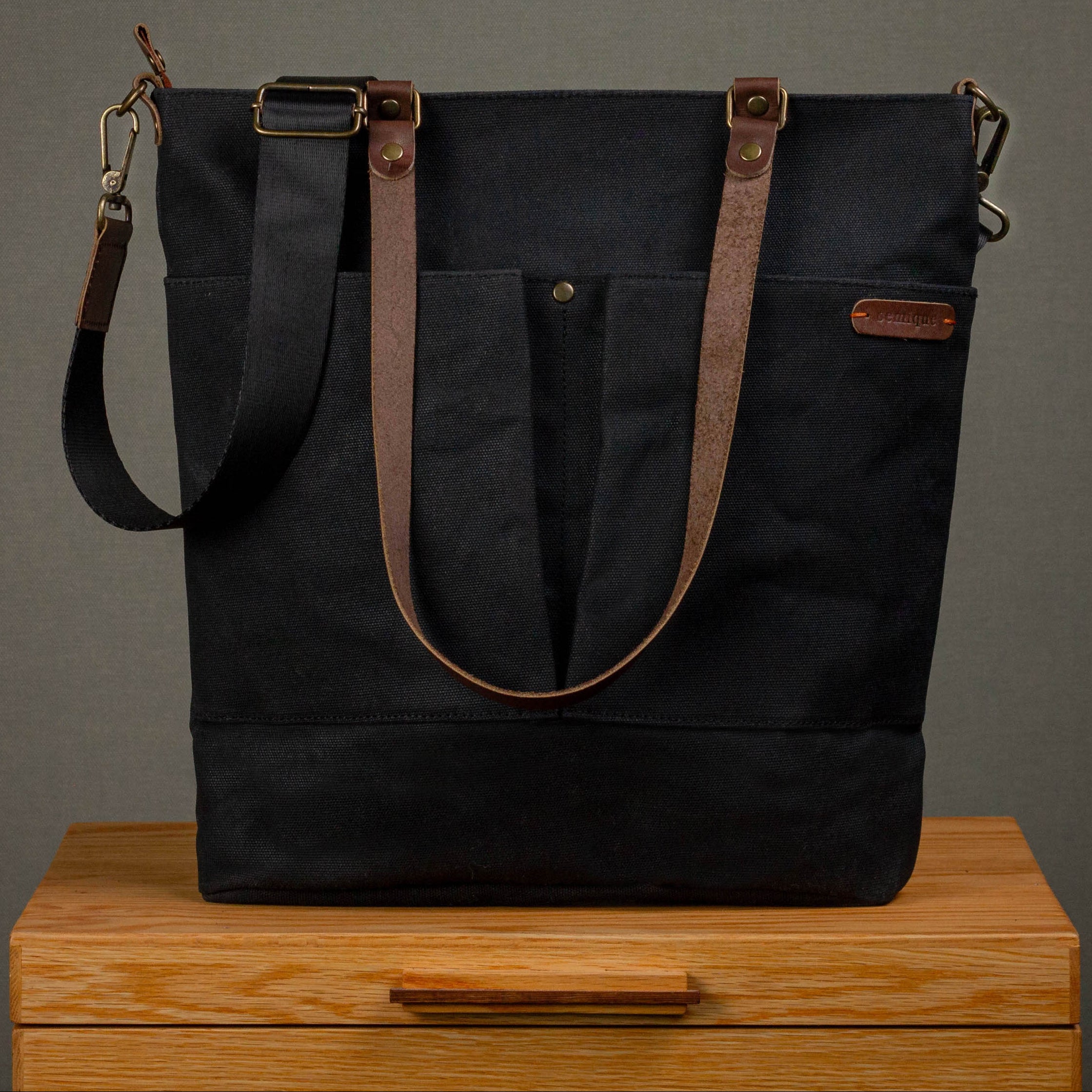 Canvas Crossbody Tote Bag Asphalt Black | Leather Handles – semique.com
