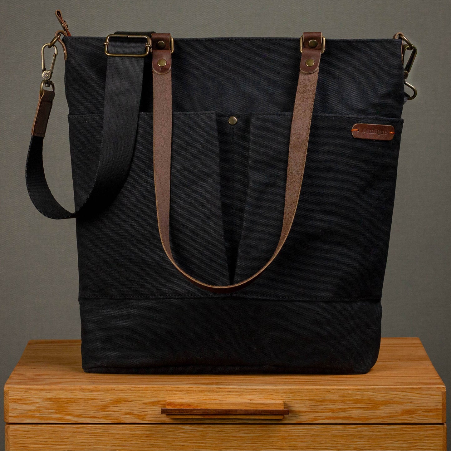 Canvas Crossbody Tote Bag with Leather Handles / Asphalt Black