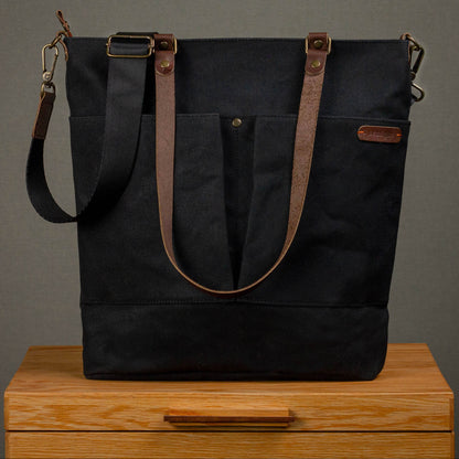 Canvas Crossbody Tote Bag with Leather Handles / Asphalt Black
