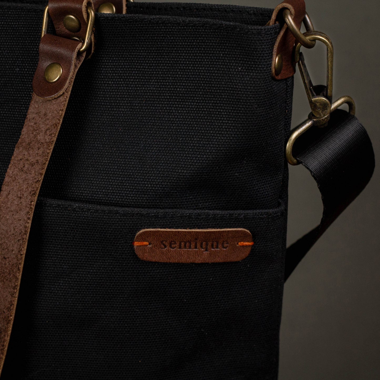 Canvas Crossbody Tote Bag with Leather Handles / Asphalt Black