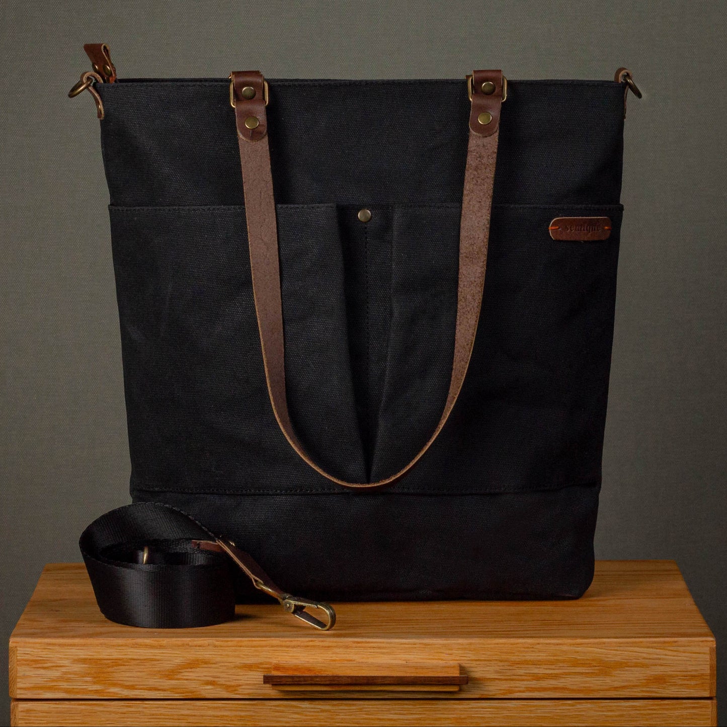 Canvas Crossbody Tote Bag with Leather Handles / Asphalt Black