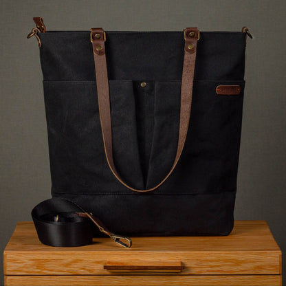 Canvas Crossbody Tote Bag with Leather Handles / Asphalt Black