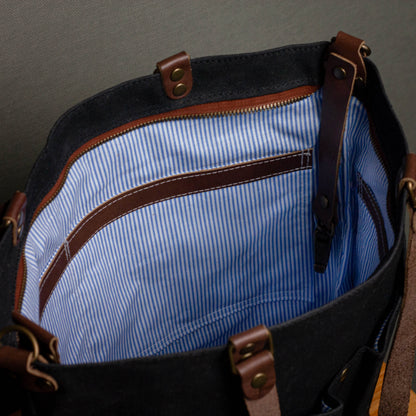 Canvas Crossbody Tote Bag with Leather Handles / Asphalt Black