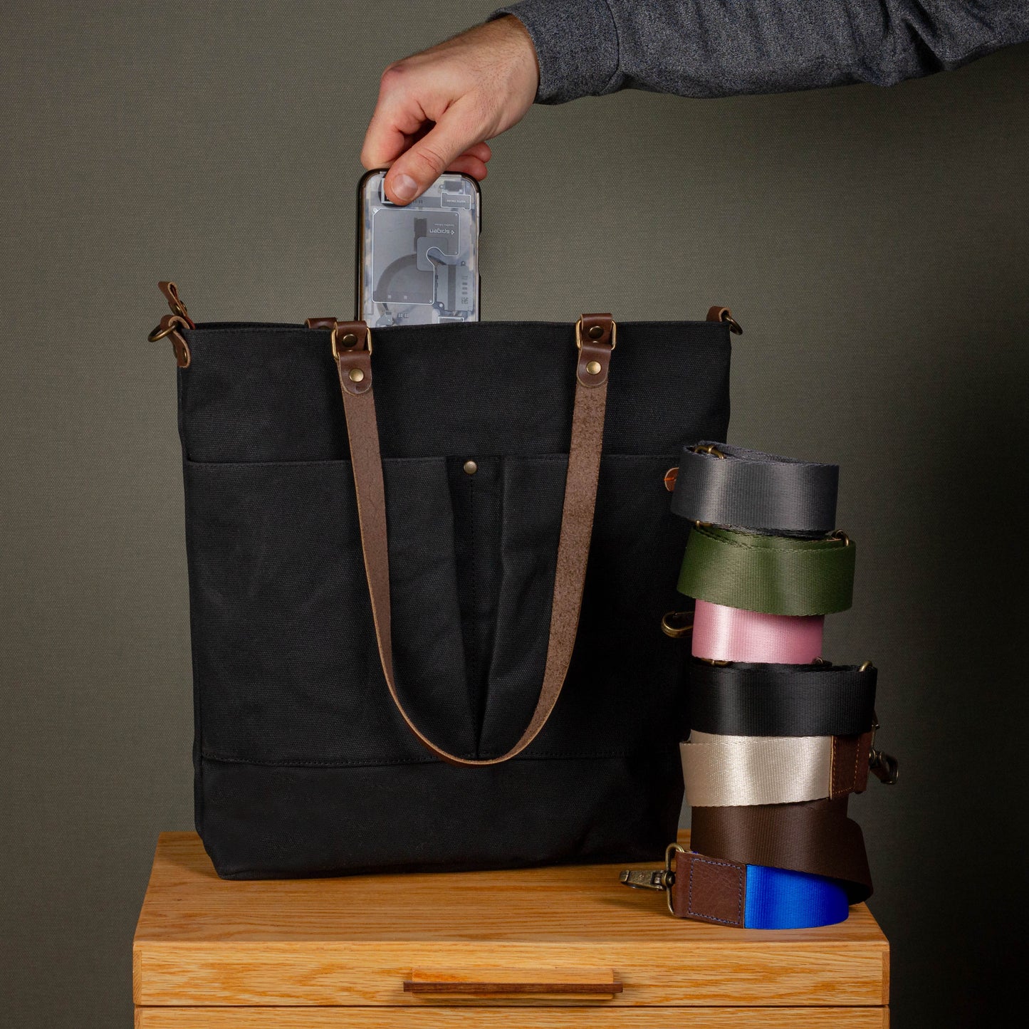 Canvas Crossbody Tote Bag with Leather Handles / Asphalt Black