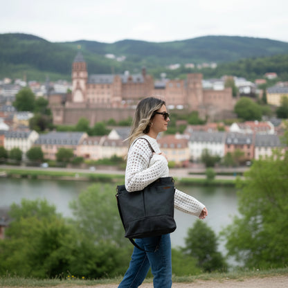 Canvas Crossbody Tote Bag with Leather Handles / Asphalt Black