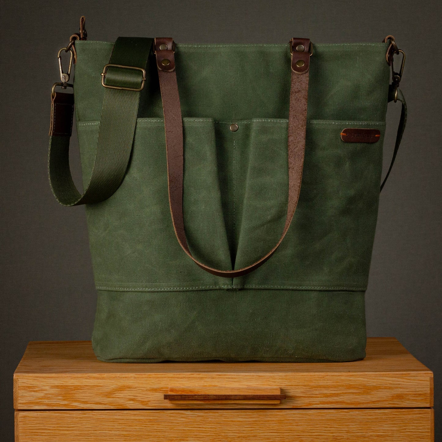 Canvas Crossbody Tote Bag with Leather Handles / Forest Green