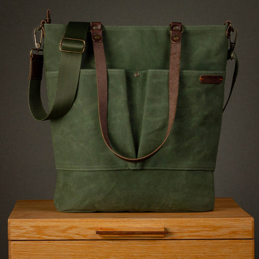 Canvas Crossbody Tote Bag with Leather Handles / Forest Green