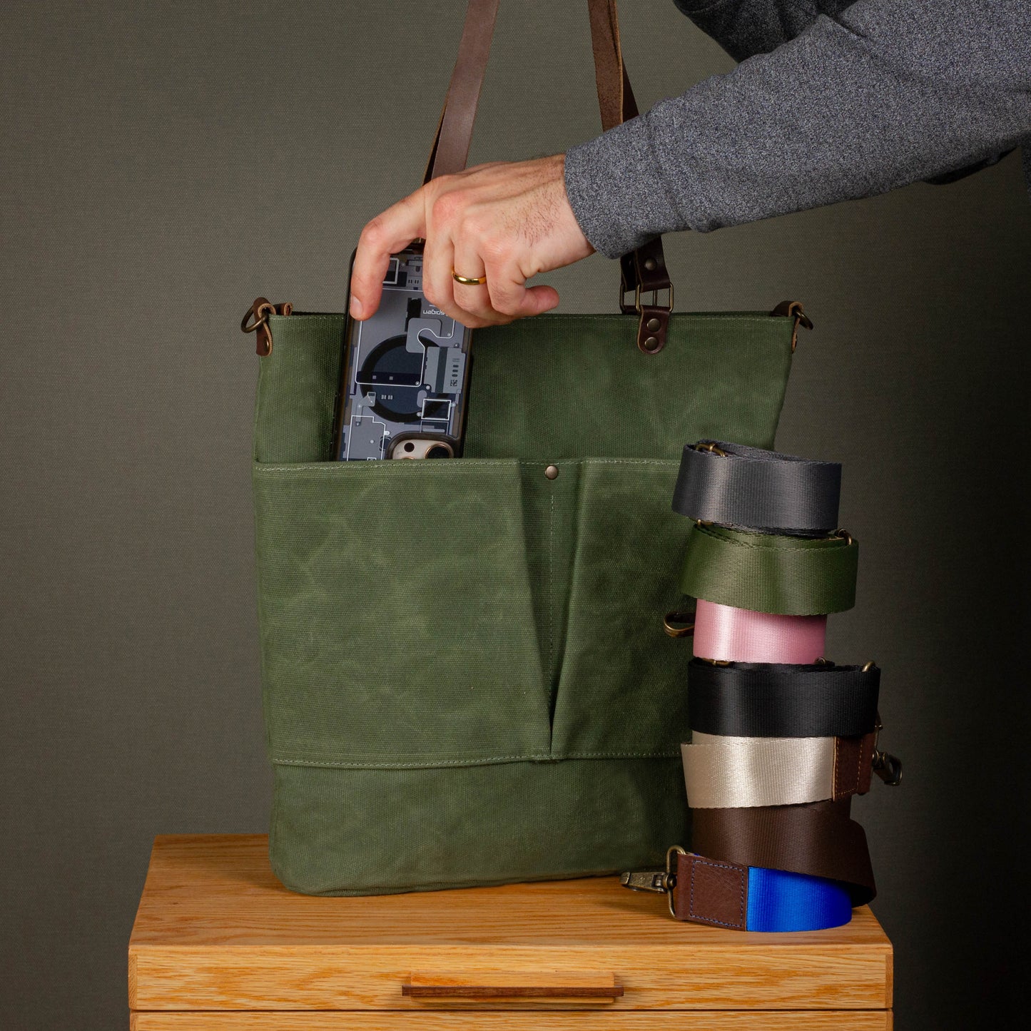 Canvas Crossbody Tote Bag with Leather Handles / Forest Green