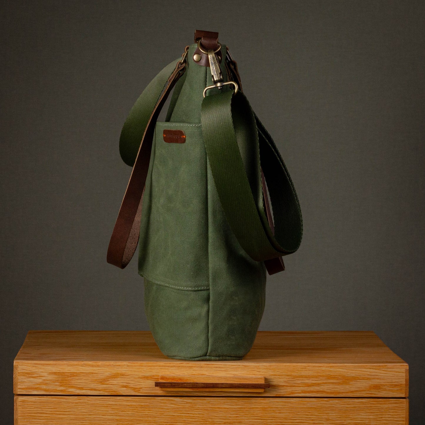 Canvas Crossbody Tote Bag with Leather Handles / Forest Green