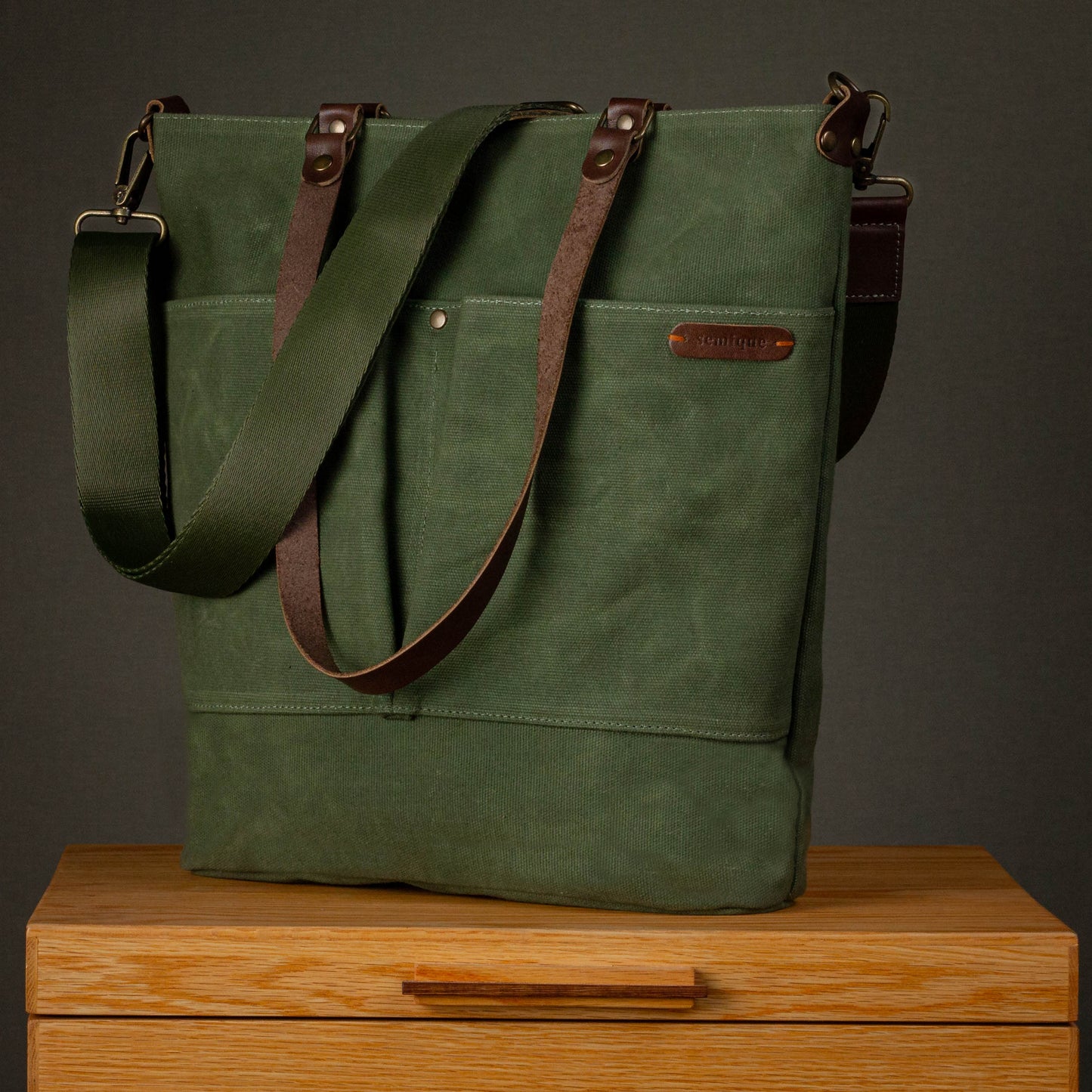 Canvas Crossbody Tote Bag with Leather Handles / Forest Green