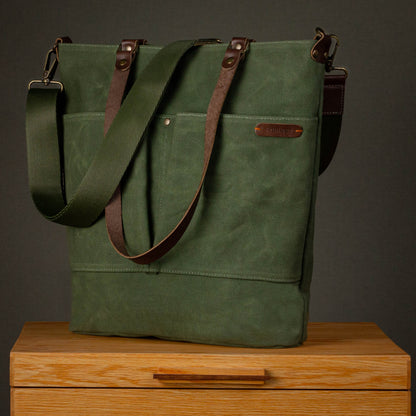 Canvas Crossbody Tote Bag with Leather Handles / Forest Green
