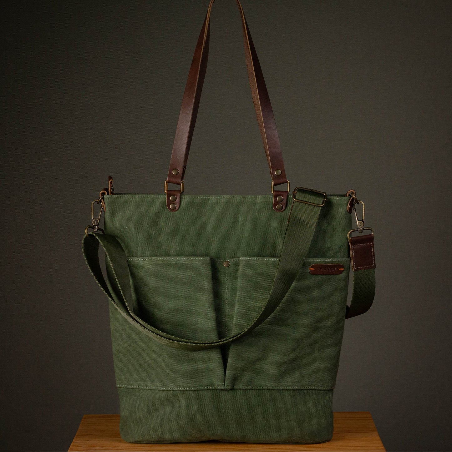 Canvas Crossbody Tote Bag with Leather Handles / Forest Green