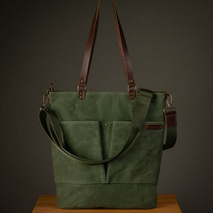 Canvas Crossbody Tote Bag with Leather Handles / Forest Green