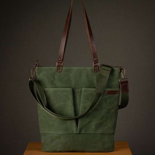 Canvas Crossbody Tote Bag with Leather Handles / Forest Green