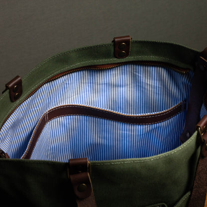 Canvas Crossbody Tote Bag with Leather Handles / Forest Green