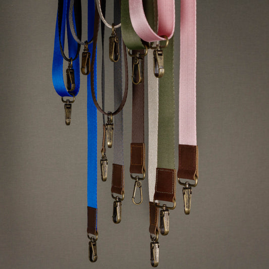 Set of colorful dog leashes with matching clips on a gray background
