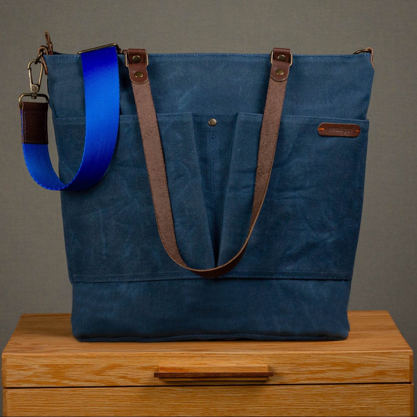 Canvas Crossbody Tote Bag with Leather Handles / Midnight Blue