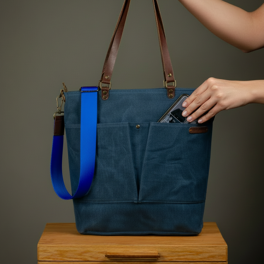 Canvas Crossbody Tote Bag with Leather Handles / Midnight Blue