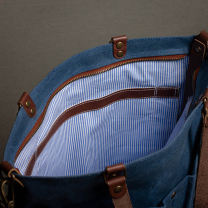 Canvas Crossbody Tote Bag with Leather Handles / Midnight Blue