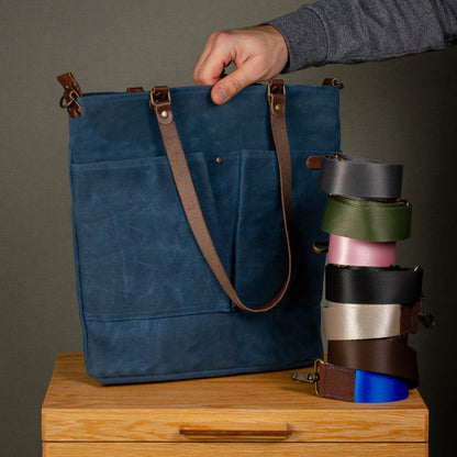 Canvas Crossbody Tote Bag with Leather Handles / Midnight Blue