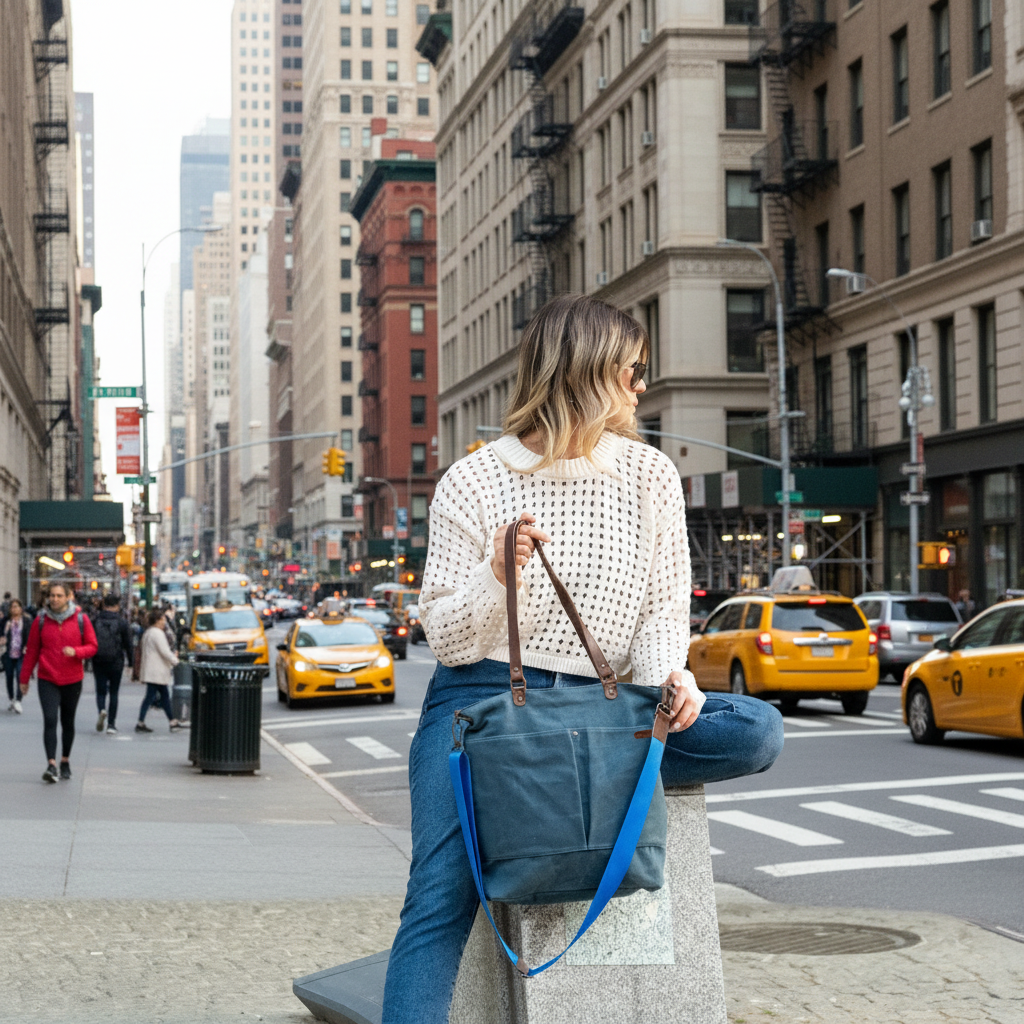 Canvas Crossbody Tote Bag with Leather Handles / Midnight Blue